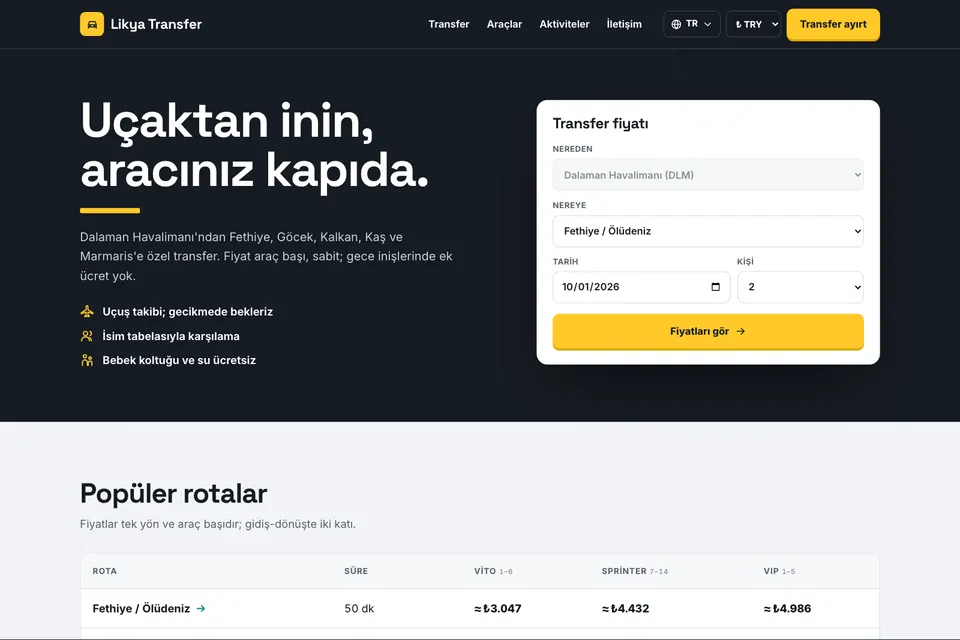 Likya Transfer örnek temasının ana sayfası