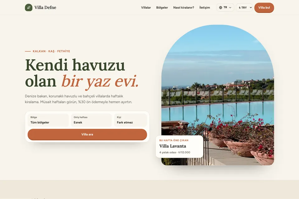 Villa Defne örnek temasının ana sayfası